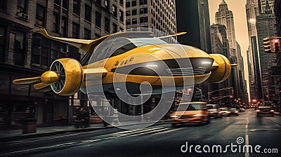 Futuristic Yellow Flying Cab Soaring Over Manhattan - generative ai Stock Photo