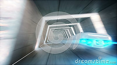 Futuristisk flygbil med snabb körning för kvinna i scifi-tunnelen, coridor Begrepp av framtid Realistisk animering 4K vektor illustrationer Futuristisk flygbil med snabb körning för kvinna i scifi-tunnelen, coridor Begrepp av framtid Realistisk animering 4K vektor illustrationer