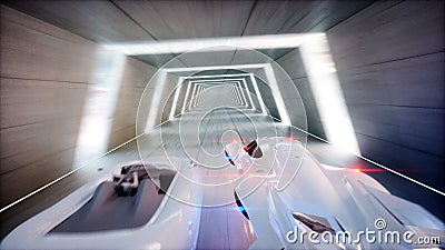 Futuristiskt lopp flygbilar fastar köra i scifi-tunnelen, coridor Begrepp av framtid Realistisk animering 4K stock illustrationer Futuristiskt lopp flygbilar fastar köra i scifi-tunnelen, coridor Begrepp av framtid Realistisk animering 4K stock illustrationer
