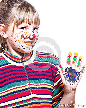 Fuuny little girl - colored hands and face Stock Photo