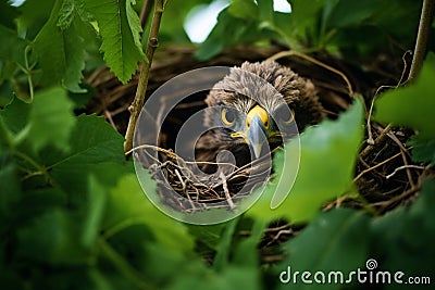 baby eagle in a nest, surrounded by fresh green leaves, ai generated Stock Photo