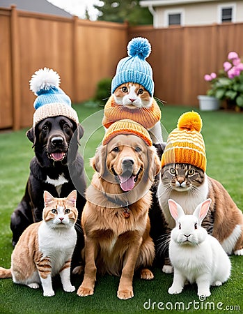 Fuzzy Festivities: Knit Caps and Animal Play Stock Photo