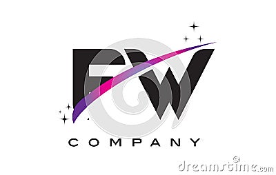 FW F W Black Letter Logo Design with Purple Magenta Swoosh Vector Illustration