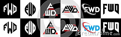 FWD letter logo design in six style. FWD polygon, circle, triangle, hexagon, flat and simple style with black and white color Vector Illustration