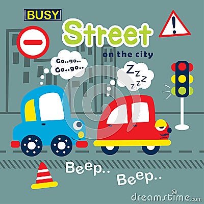 blue car and red car on the street funny cartoon,vector illustration Vector Illustration