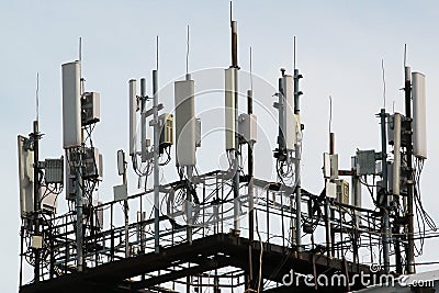 3G, 4G and 5G cellular antennas. Base Transceiver Station. Telecommunication tower. Wireless Communication Antenna Transmitters Stock Photo