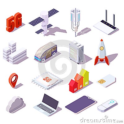5g cellular network isometric icon set, vector isolated illustration. Wireless high speed internet. Vector Illustration
