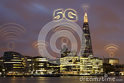 5G concept in the city. Many wireless symbols on the top of the buildings Stock Photo