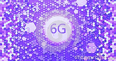 6G 3d rendering wireless network and big data concept on hexagon glowing violet background.Shiny 6G New generation Cartoon Illustration