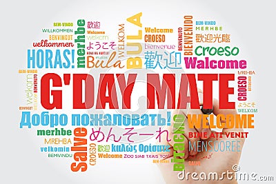 G`day Mate Welcome in Australian word cloud Stock Photo