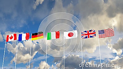 G7 flags Silk waving flags of countries of Group of Seven Canada Germany Italy France Japan USA states United Kingdom with a flagp Stock Photo