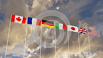 G7 flags Silk waving flags of countries of Group of Seven Canada Germany Italy France Japan USA states United Kingdom with a flagp Stock Photo