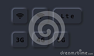 3G, 4G, 5G, LTE and wifi sign. Wireless connection button. Vector. Neumorphic UI UX dark user interface. Neumorphism Vector Illustration