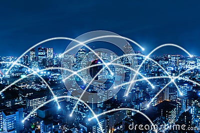 5G. global media link connecting on night city background, digital, internet, communication, globalization, networking, smart city Stock Photo