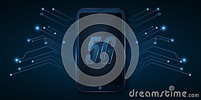 5G global network. High tech design. Modern smartphone with high speed internet. Neon computer circuit board. Vector Illustration Vector Illustration