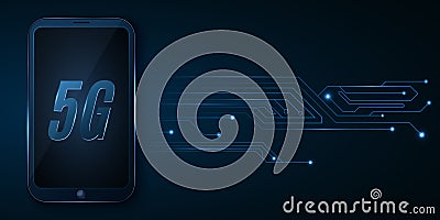 5G global network. High tech futuristic design. Modern smartphone with high speed internet. Glowing computer circuit board. Vector Vector Illustration