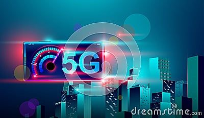 5G high speed network communication internet on flying realistic 3d isometric smartphone cross night smart city Vector Illustration