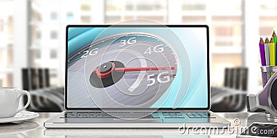 5G High speed network connection, speedometer on a computer laptop screen, blur business office background. 3d illustration Cartoon Illustration