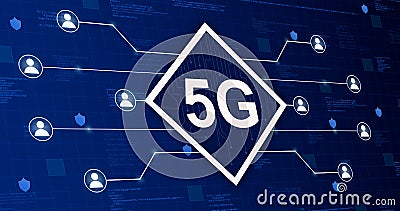 5g icon connecting the system with other users on technology background with code elements 3d Stock Photo