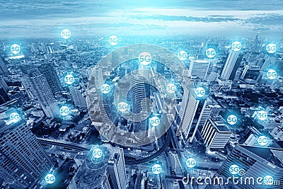 5G icons multiple exposure on the big city skyline connection technology future plan Stock Photo