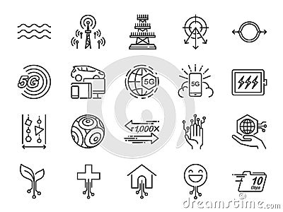 5G internet line icon set. Included icons as IOT, internet of things, bandwidth, signal, devices and more. Vector Illustration