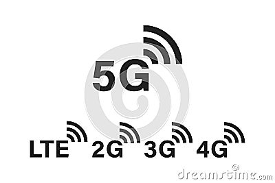 5g internet technology. Network signs. Sign of settings. Symbol of connecting. 5G 4G 3G 2G LTE mobile communication Stock Photo