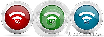 5G internet wireless communication, network vector icon set. Red, blue and green silver metallic web buttons with chrome border Vector Illustration