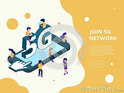 5g isometric. Smartphone broadcasting characters male female people gadgets connecting to 5g telecommunications digital Vector Illustration