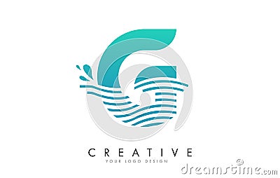G Letter Logo with Waves and Water Drops Design Vector Illustration