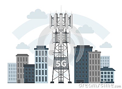 5G mast base stations in innovative smart city Vector Illustration
