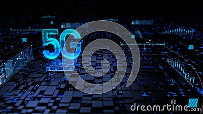 5G and Microprocessor chipset central processor unit on the illumination circuit computer mainboard. Cyber and futuristic concept Stock Photo
