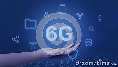 6G netork levitate in woman hand. Speed mobile network concept Stock Photo