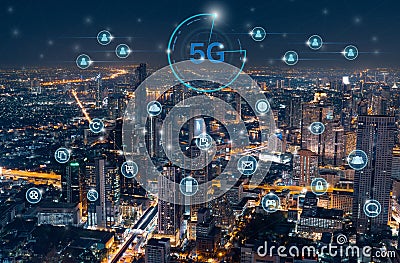 5G network on city background. The wireless communication technology network links work in many branches in smart cities Stock Photo