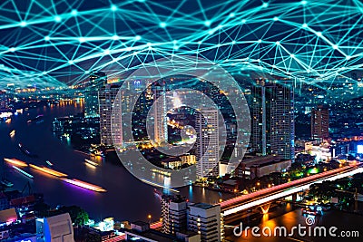 5G network digital hologram and internet of things on city background.5G network wireless systems. Stock Photo