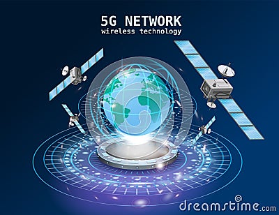 5G Network global internet technology futuristic portal, hologram, high speed data transmission satellite Vector Illustration