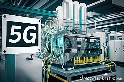 5g network installation and testing in high-tech factory, with robots and modern equipment visible Stock Photo