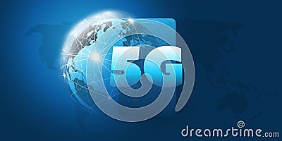 5G Network Label in front of a Smart Phone and Earth Globe - High Speed, Broadband Mobile Telecommunication Vector Illustration