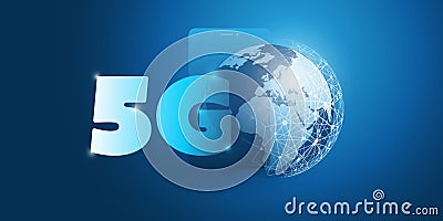 5G Network Label with Smart Phone and Earth Globe - Futuristic High Speed, Broadband Mobile Telecommunication Vector Illustration