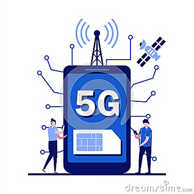 5G network wireless technology concept with character. People with gadgets using extreme high speed 5G internet connection. Modern Vector Illustration