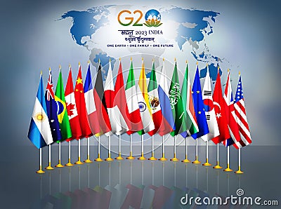 G20 New Delhi summit background.Flags of G 20 member countries Editorial Stock Photo