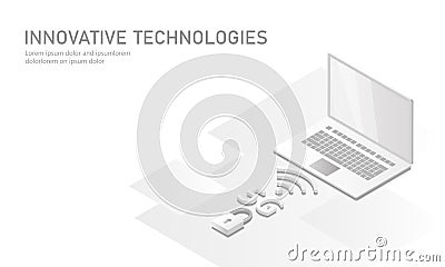 5G new wireless internet wifi connection. Laptop mobile device isometric white pure matt 3d flat render. Global network Vector Illustration