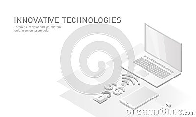 5G new wireless internet wifi connection. Laptop mobile device isometric white pure matt 3d flat render. Global network Vector Illustration
