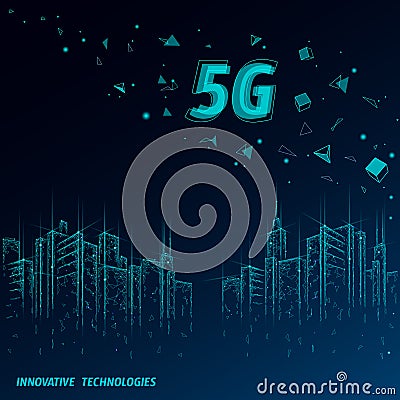 5G new wireless internet wifi connection. Urban buildings cityscape. Global network high speed innovation connection Vector Illustration