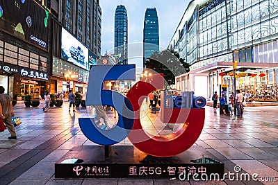 5G sign for the launch of China Telecom 5G in Jiefangbei street Chongqing China Editorial Stock Photo