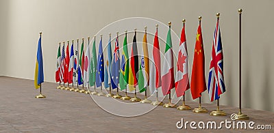 G20 summit, Concept of the G20 summit or meeting, list of countries G20 Group of Twenty members, with Ukraine, 3d illustration Cartoon Illustration