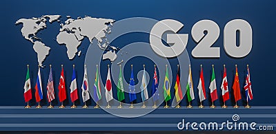 G20 summit, Concept of the G20 summit or meeting, list of countries G20 membership, Group of Twenty members, 3d illustration and Cartoon Illustration