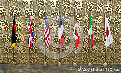 G7 summit. flags of members of G7 group of seven and list of countries World map. Group of Seven. 3d illustration and 3d work Cartoon Illustration