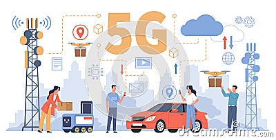 5g technology people. Modern wireless world, transmitter towers in cityscape, men and women use smartphones, drones Vector Illustration