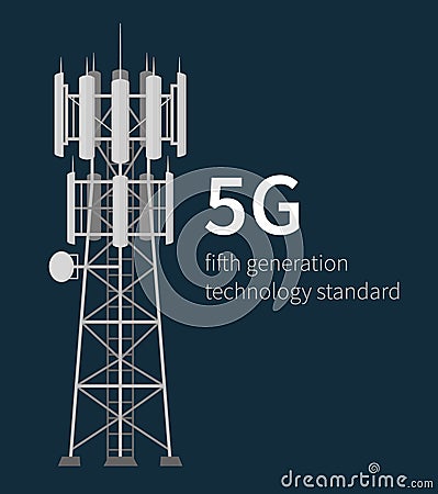 5G technology standard mast base stations on blue Vector Illustration