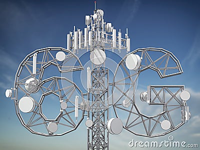 6G telecommunication tower. Antenna radio transmittors of cellular 6G Cartoon Illustration